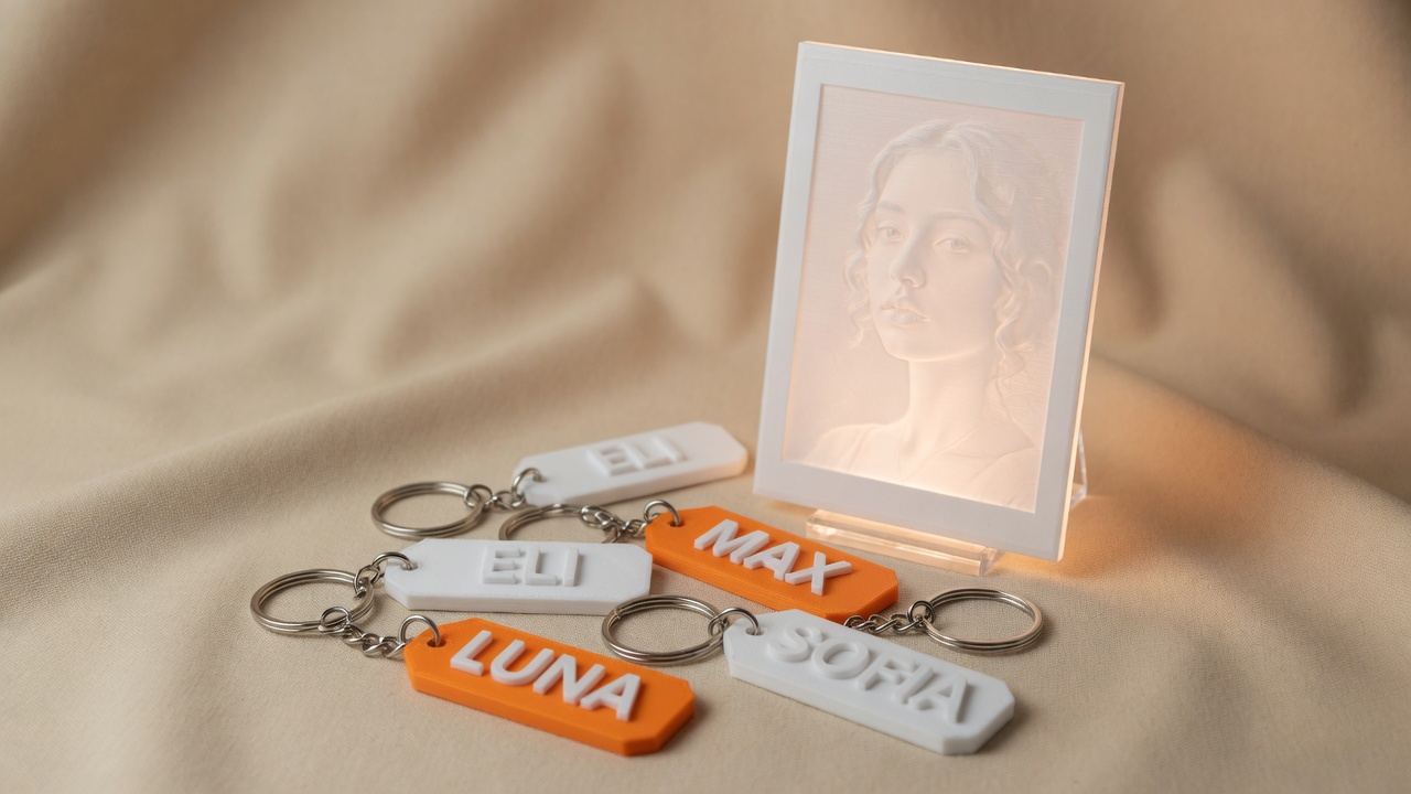 Custom 3D printed keyrings and a backlit lithophane gift