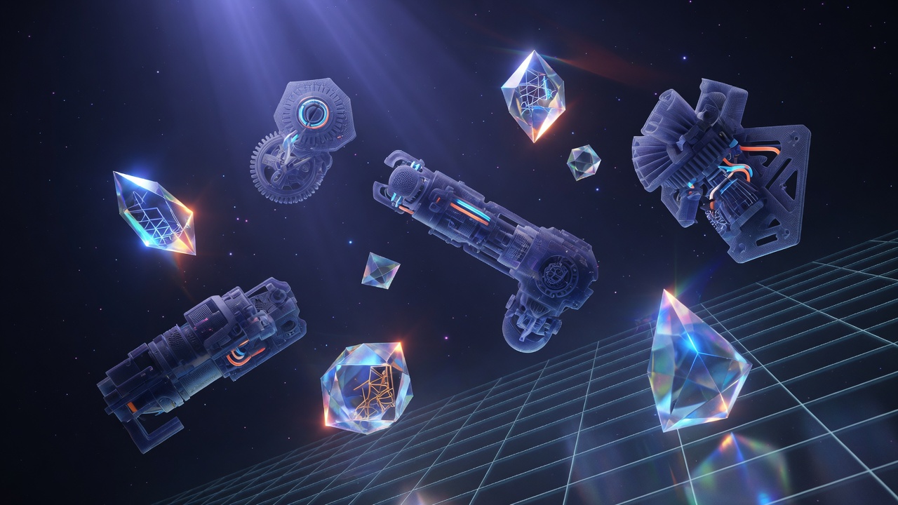Holographic 3D printed parts and geometric forms on a dark studio grid — Nyx Labs custom printing