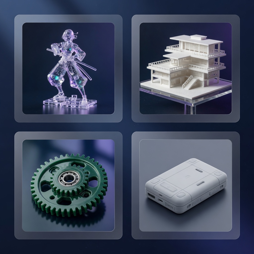 Studio product shots of resin figurine, architectural model, gear, and enclosure