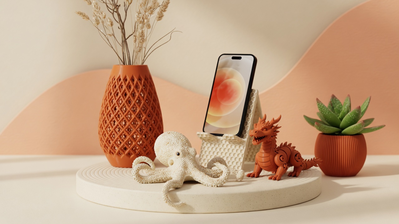 Orange and cream 3D printed pieces on a podium